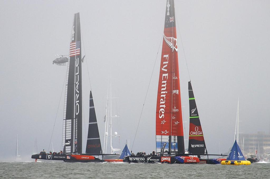 Oracle Team USA v Emirates Team New Zealand. America’s Cup Day 2, San Francisco. Emirates Team NZ leads at the start of Race 3 © Richard Gladwell www.photosport.co.nz